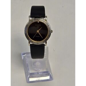Gucci Women Gold Tone Black Dial 26mm Diamond Wrist Watch Lizard Calf Strap